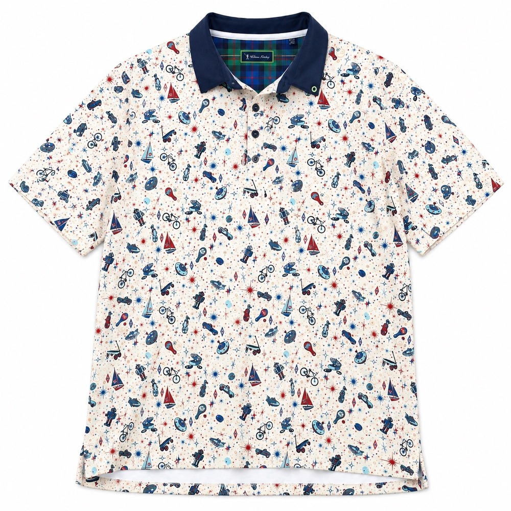 William Murray Retro Polo Shirt Mens 2XL Cream Hello Shirt Novelty Print Golf